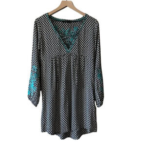 Women's M THML Anthro Geometric Embroidery Dress Black White Teal Embroidery
